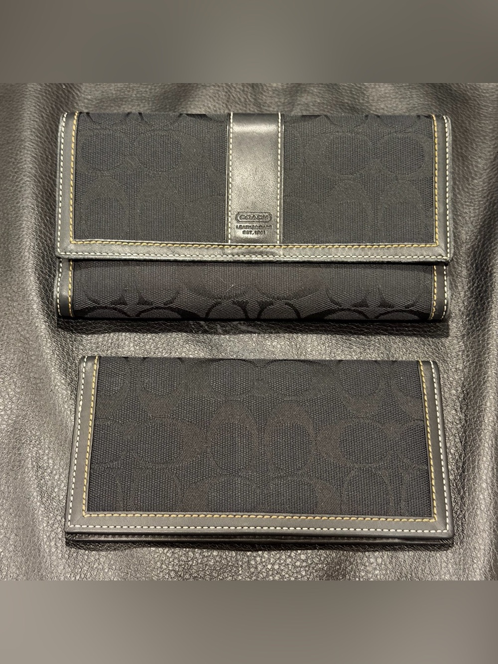 Coach Black Signature Jacquard Leather Trim Long Trifold Wallet & Checkbook y2k